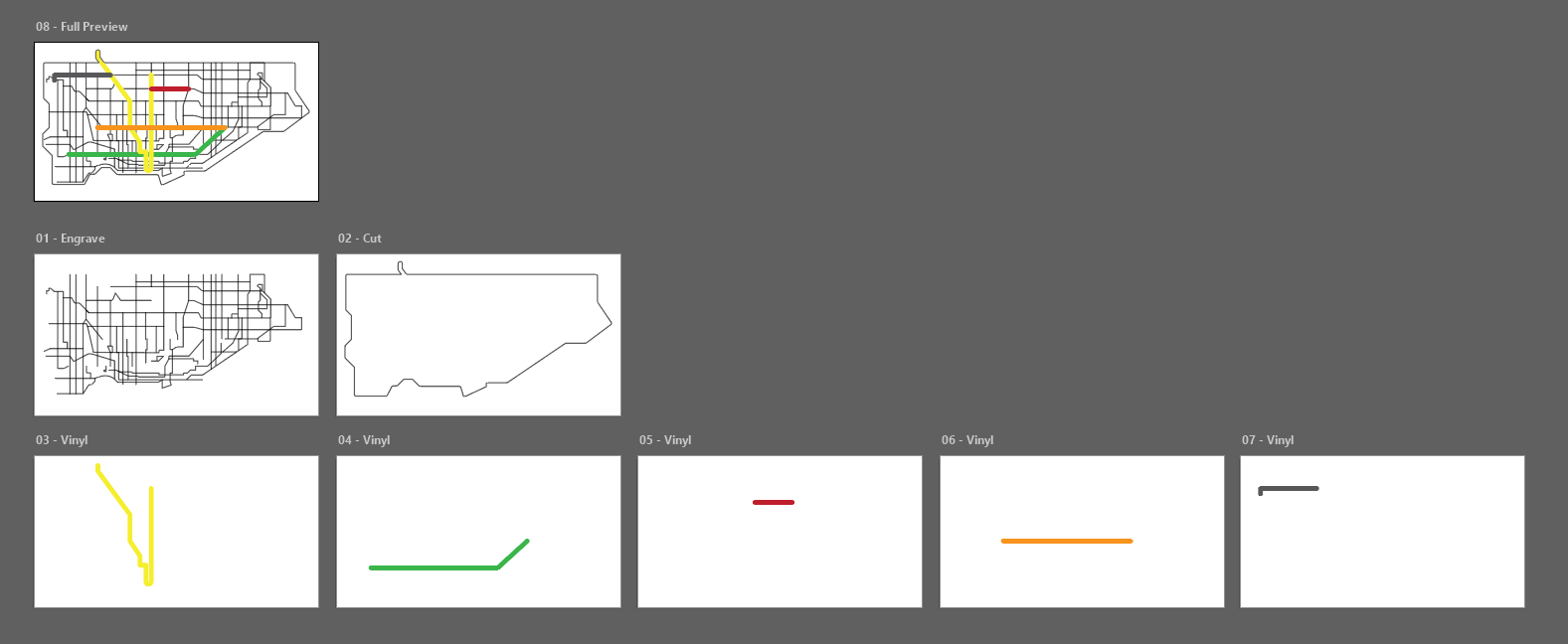 Had to separate out each of the different coloured transit lines as they would be different jobs done in the vinyl cutter